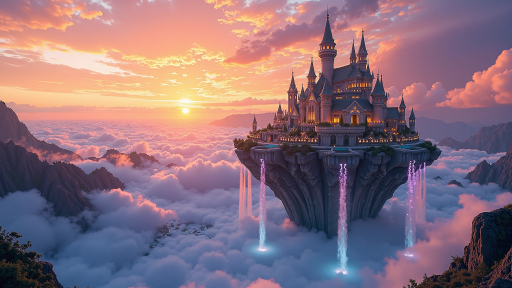 奇幻冒险游戏界面截图,精美的3D场景,角色站在城堡前,华丽的光影效果,梦幻色彩搭配